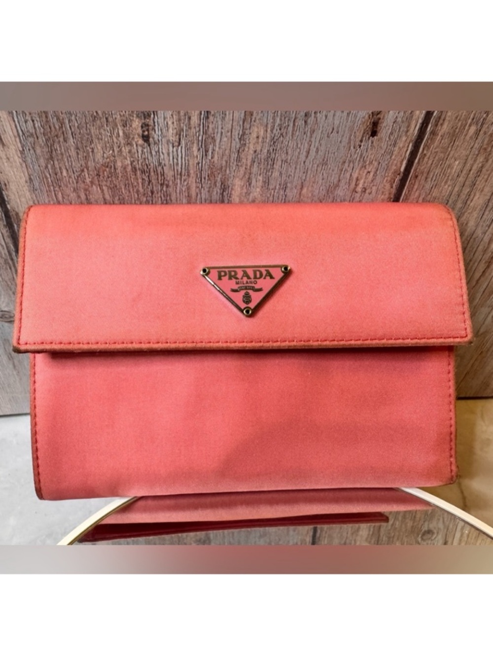 Prada Pink Satin Clutch with Gold Triangle Logo and coin pouch - Picture 16 of 16